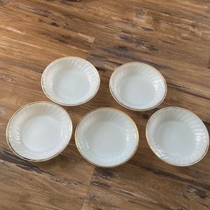 5 Vintage Milk Glass FireKing Bowls with Gold Trim
